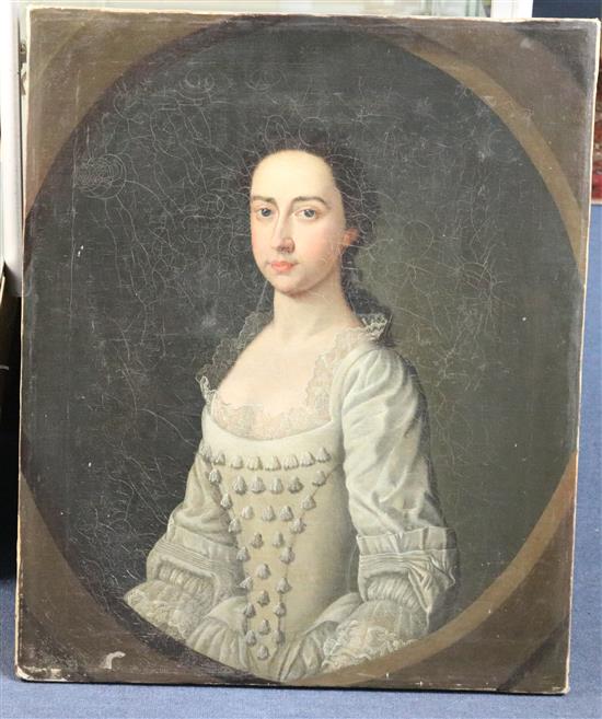 18th century English School Portrait of a lady wearing a silk dress, 30 x 25in., unframed